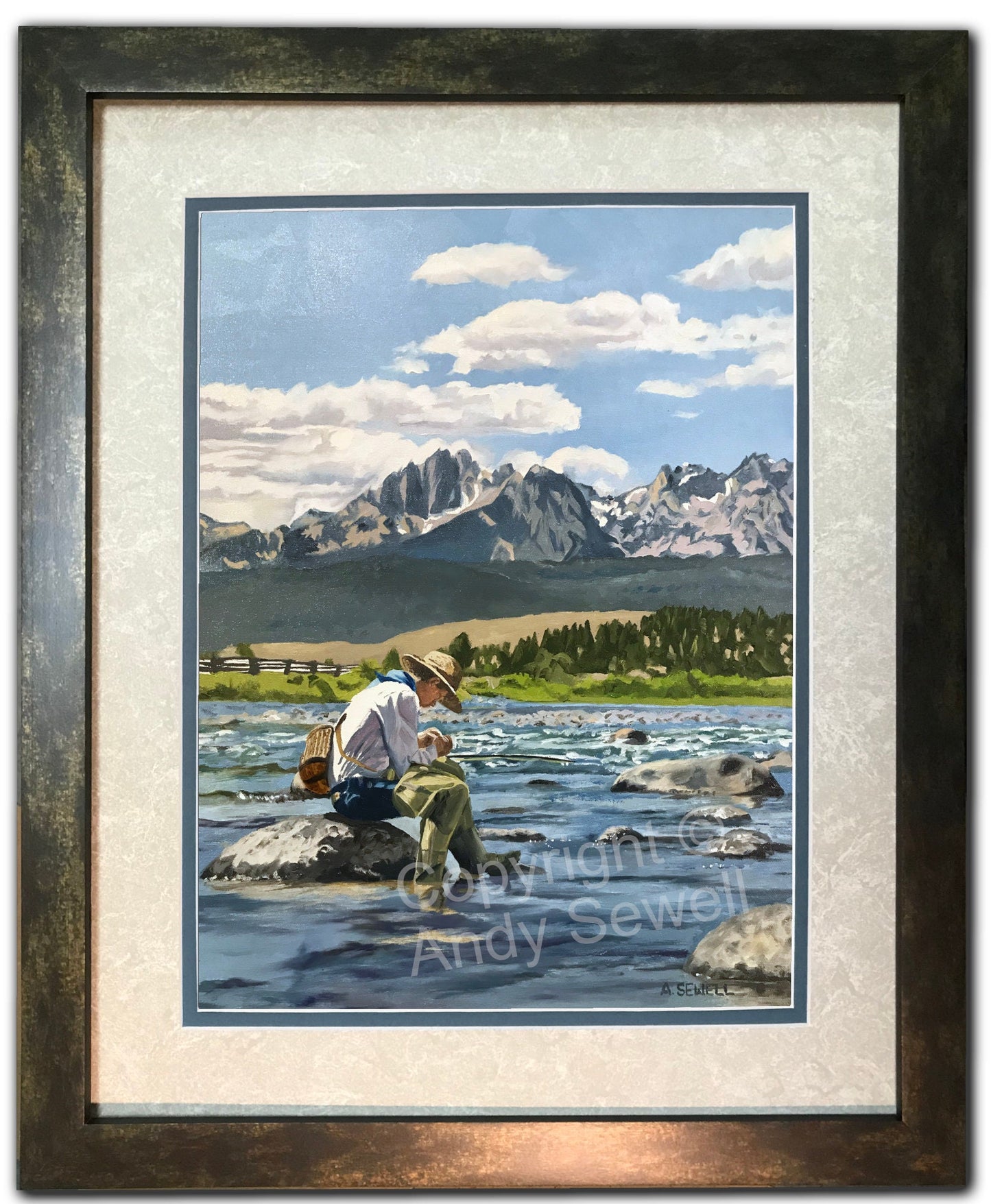 A "Sawtooth Solitude" - an Original Oil Painting or Open Edition Print of a Fly-fisherman on Idaho's Salmon River.