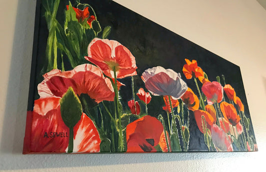 "Poppy Dance" -  16"x35" ltd. ed. s/n Giclee art print from an Original oil painting of poppies glowing in the sun - Andy Sewell