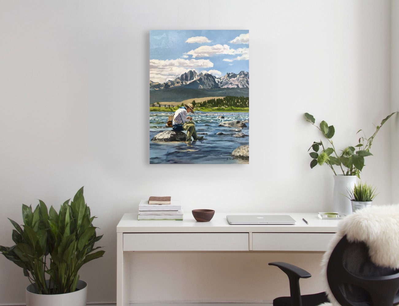 A "Sawtooth Solitude" - an Original Oil Painting or Open Edition Print of a Fly-fisherman on Idaho's Salmon River.