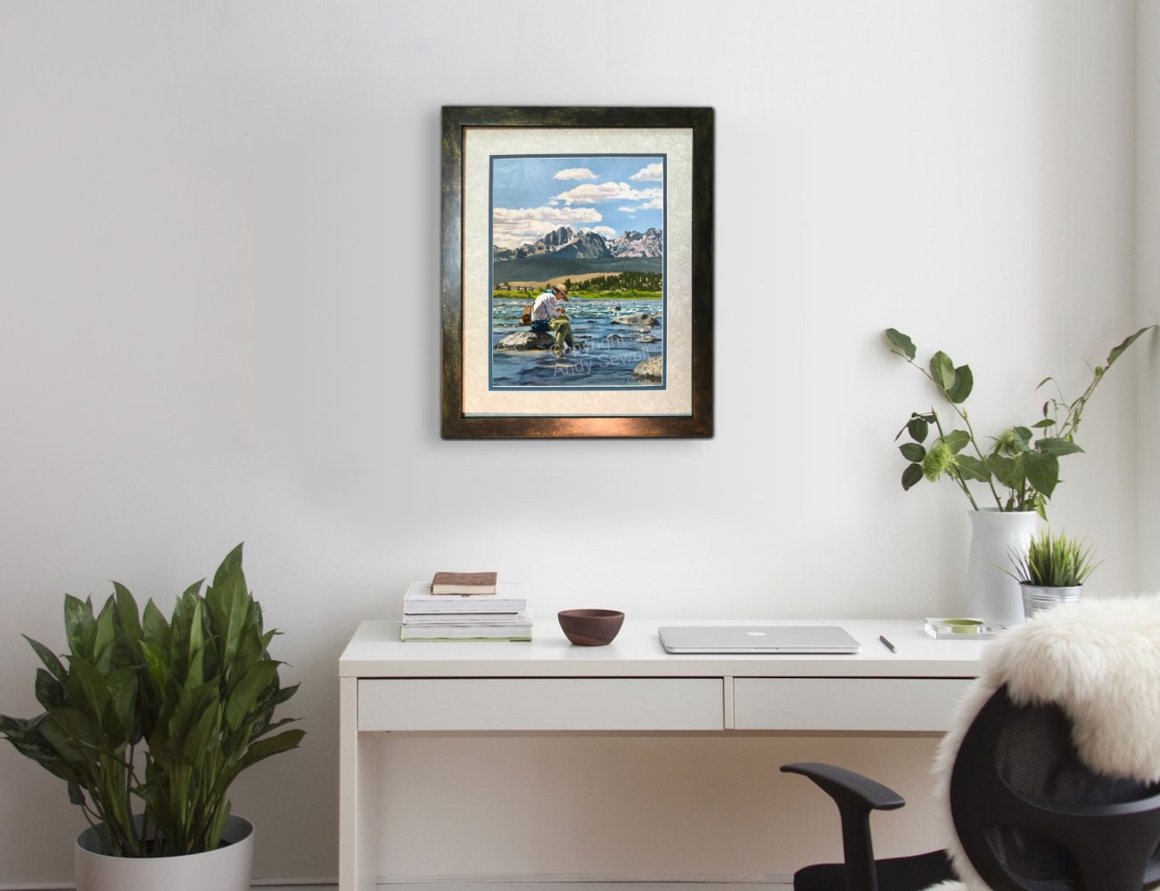 A "Sawtooth Solitude" - an Original Oil Painting or Open Edition Print of a Fly-fisherman on Idaho's Salmon River.