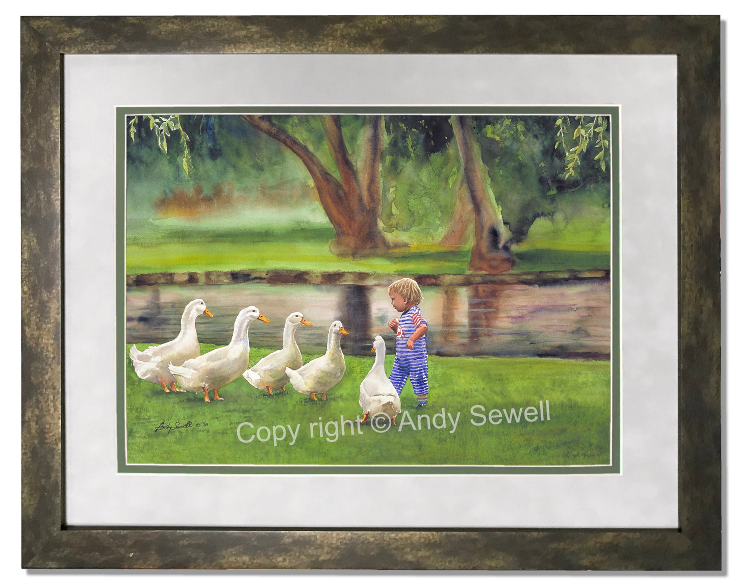 "Lunch Line" art print - A ltd. edition s/n Giclee watercolor print of young child feeding white ducks - by Andy Sewell