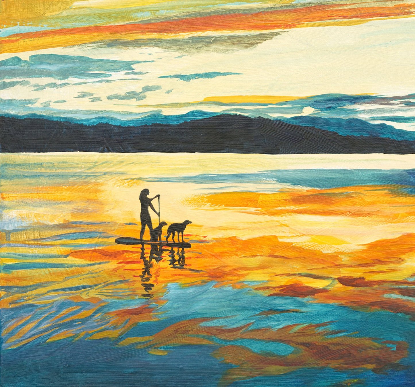"Sunset Paddleboard" - An open edition Giclee reprod. from an Original Acrylic painting of paddle boarder on a Lake - by Andy Sewell