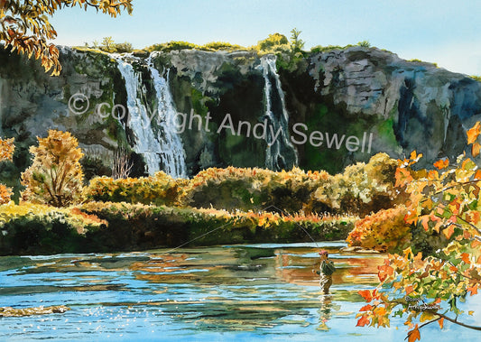 "Autumn Falls" - A ltd. edition Giclee reprod. from an Original watercolor of Thousand Springs, Hagerman, Idaho - by Andy Sewell