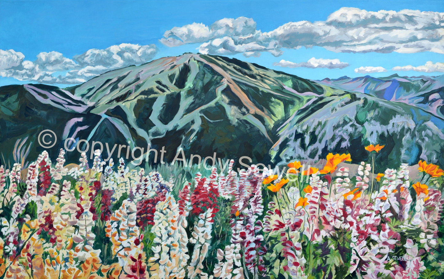 "Sun Valley Summer Color" - 48"x30" ltd. ed. of 400, Giclée of Sun Valley's Bald Mtn. in Summer w/wildflowers