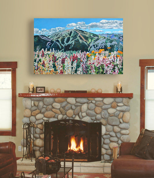 "Sun Valley Summer Color" - 48"x30" ltd. ed. of 400, Giclée of Sun Valley's Bald Mtn. in Summer w/wildflowers