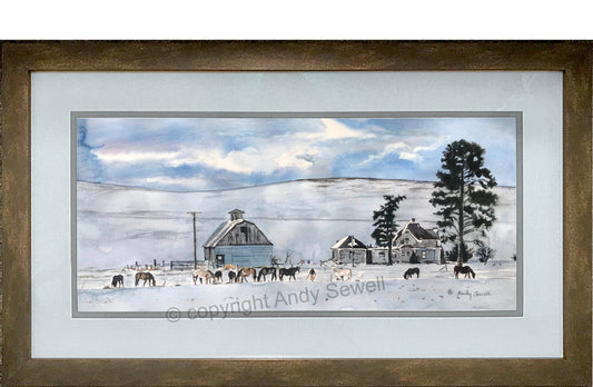 "Winter Chores" - A signed Giclee art print of horses, chores and barns in the winter - by Andy Sewell