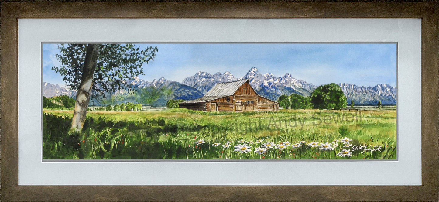 A "Teton Summer" - Canvas Giclée art print from a watercolor of the Classic barn in front of WY Tetons.