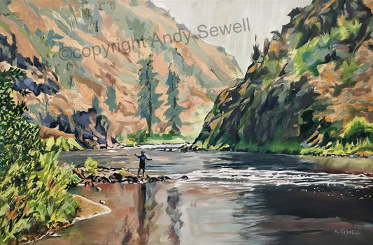 "Big River Long Casts" - an Open Edition Print of a Fly-fisherman on Idaho's Middlefork Salmon River.