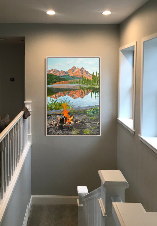 "Sawtooth Morning Brew" - 32"x48" Signed Canvas Giclée art print of oil painting of Idaho's Sawtooth Mtns. at Stanley Lake.