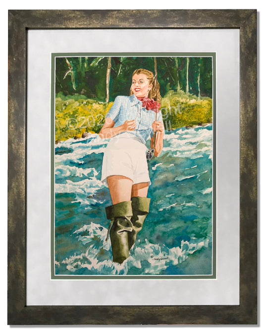 Fly fishing pinup -  Vintage fly fishing art print from watercolor, fishing pinup wall art by Andy Sewell