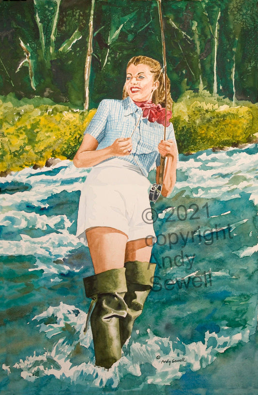 Fly fishing pinup -  Vintage fly fishing art print from watercolor, fishing pinup wall art by Andy Sewell