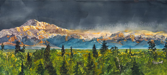 "Denali Glow" - Alaska art print,  19"x42" An open edition signed Giclée art print  from a watercolor of Denali, Mt. Mckinley - by Andy Sewell