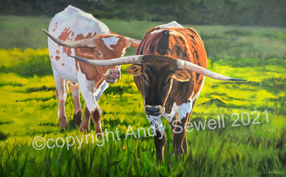 Texas Longhorn art “Longhorn Afternoon” - Original or Fine art Giclée print signed, Longhorn wall art, cow wall art