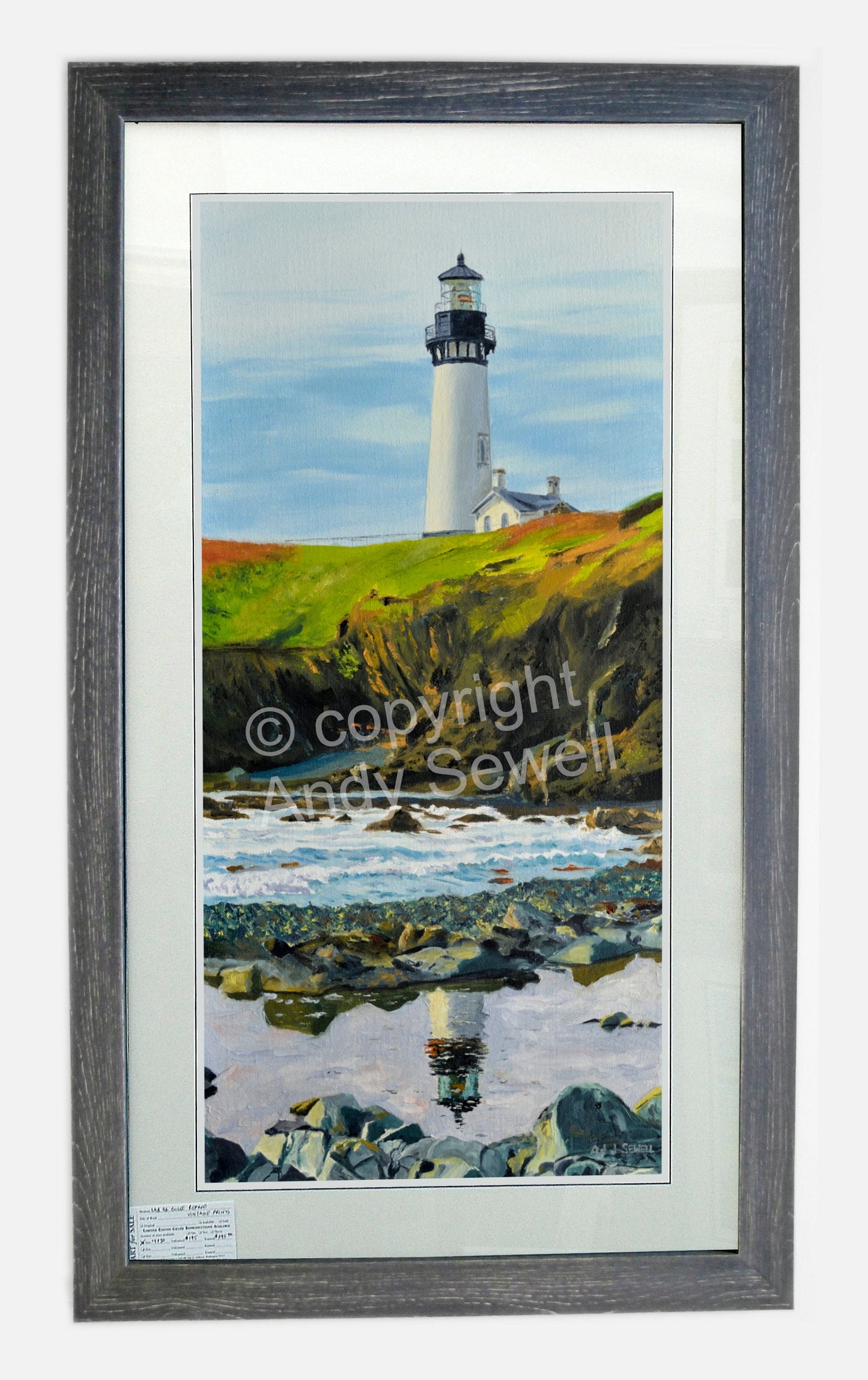 "Reflecting the Light- 12"x 30" Open ed. Giclee reprod. of Original oil painting of Yaquina Head Lighthouse reflecting - by Andy Sewell