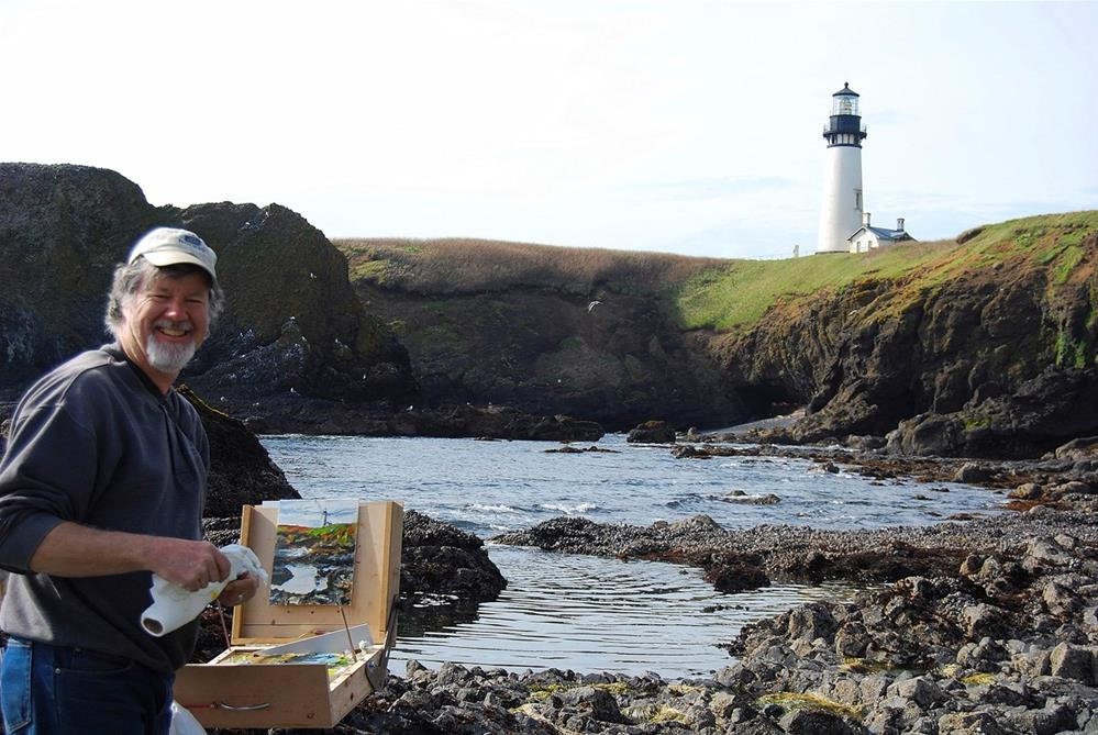 "Reflecting the Light- 12"x 30" Open ed. Giclee reprod. of Original oil painting of Yaquina Head Lighthouse reflecting - by Andy Sewell