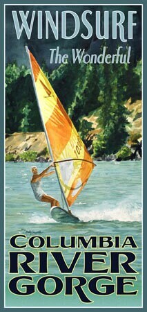Vintage Windsurfer Poster, Hood River art, from an original watercolor by Andy Sewell
