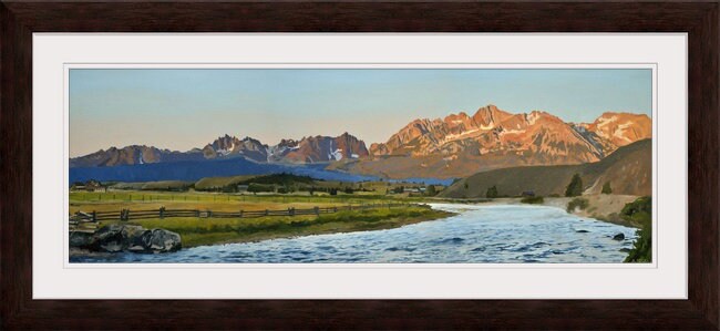 "Salmon River Sunrise" - Canvas or Paper Giclée art print from oil painting of Idaho's Salmon River and Sawtooth Mtn. Backdrop.