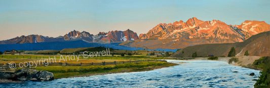 "Salmon River Sunrise" - Canvas or Paper Giclée art print from oil painting of Idaho's Salmon River and Sawtooth Mtn. Backdrop.