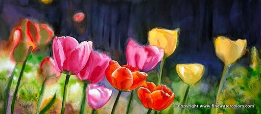"Sunny Day Tulips" 18"x40" - a limited edition s/n giclee art print  from an original watercolor of tulips glowing in the sun40"