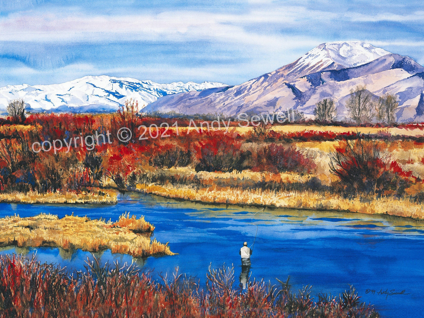 A "Late Season Silvercreek" - a Limited Edition watercolor art Print of Idaho's famed Silvercreek in the Fall, Flyfishing wall art, .