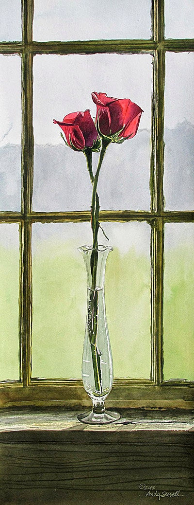 "Intimate Pair" - 11x30 a limited edition s/n giclee art print from an original watercolor of two red roses entwined in a vase.