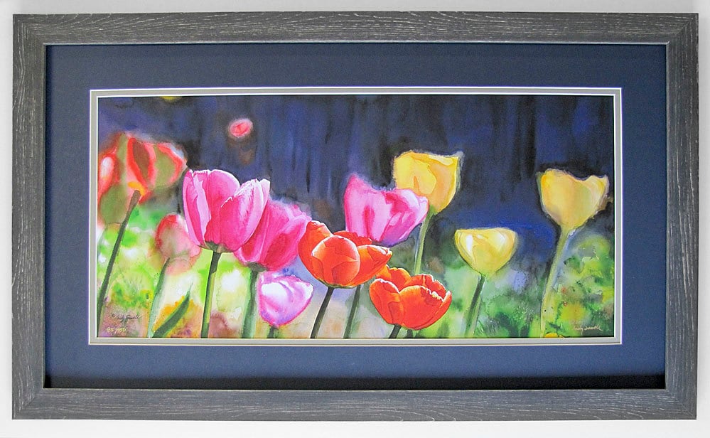 "Sunny Day Tulips" 18"x40" - a limited edition s/n giclee art print from an original watercolor of tulips glowing in the sun40"