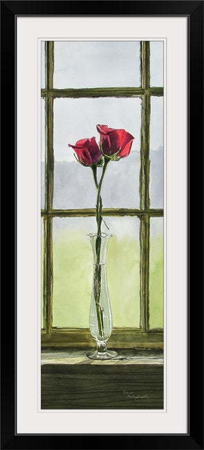 "Intimate Pair" - 11x30 a limited edition s/n giclee art print from an original watercolor of two red roses entwined in a vase.