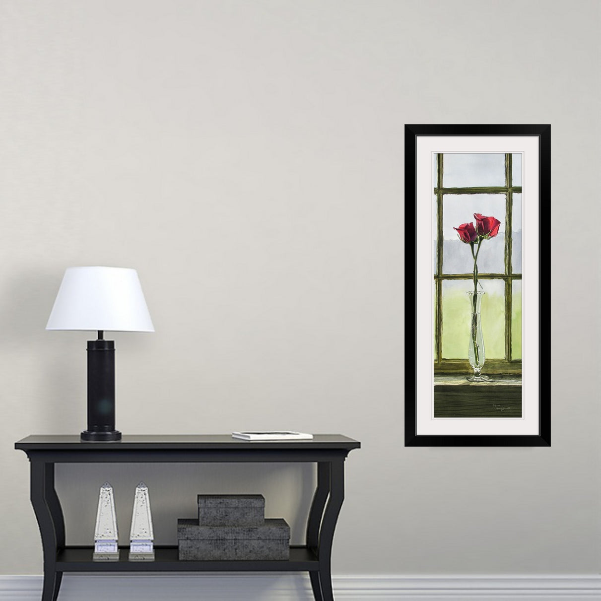 "Intimate Pair" - 11x30 a limited edition s/n giclee art print from an original watercolor of two red roses entwined in a vase.