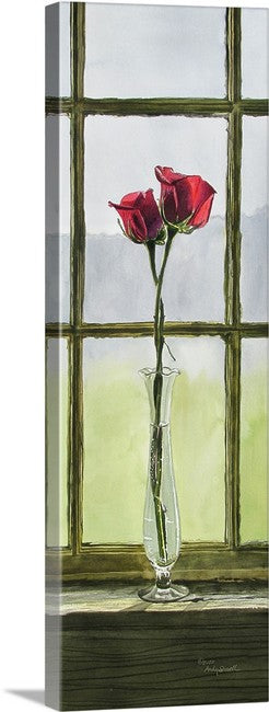 "Intimate Pair" - 11x30 a limited edition s/n giclee art print from an original watercolor of two red roses entwined in a vase.