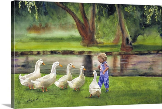 "Lunch Line" art print - A ltd. edition s/n Giclee watercolor print of young child feeding white ducks - by Andy Sewell