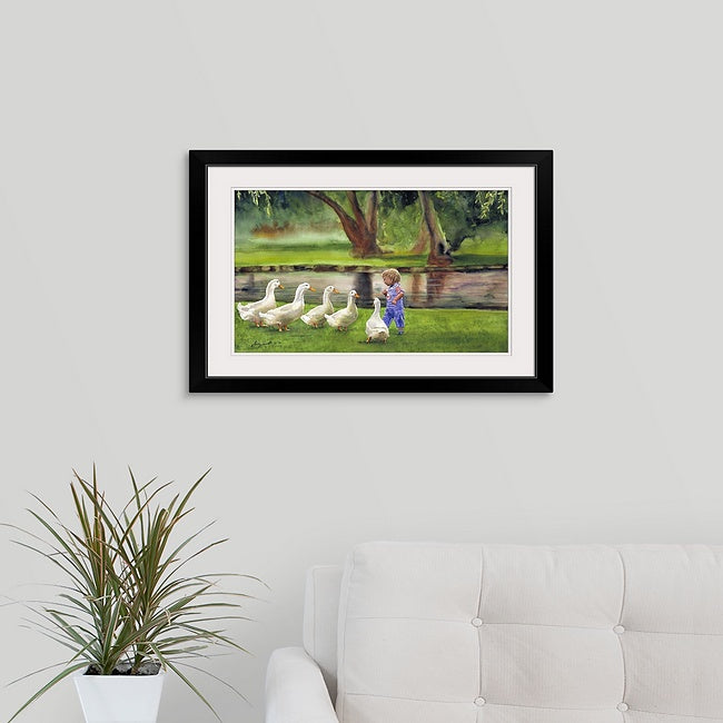 "Lunch Line" art print - A ltd. edition s/n Giclee watercolor print of young child feeding white ducks - by Andy Sewell