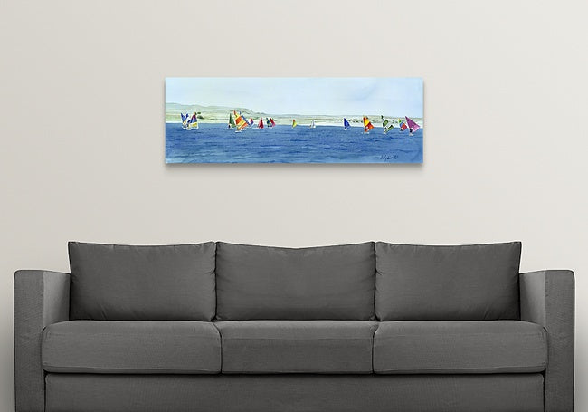 "Windsurfing Magic Colors" - Canvas or Paper Giclée art print from my watercolor painting of my hometown reservoir in Idaho.