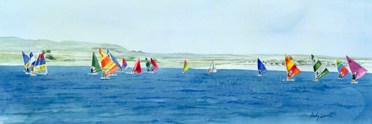 "Windsurfing Magic Colors" - Canvas or Paper Giclée art print from my watercolor painting of my hometown reservoir in Idaho.