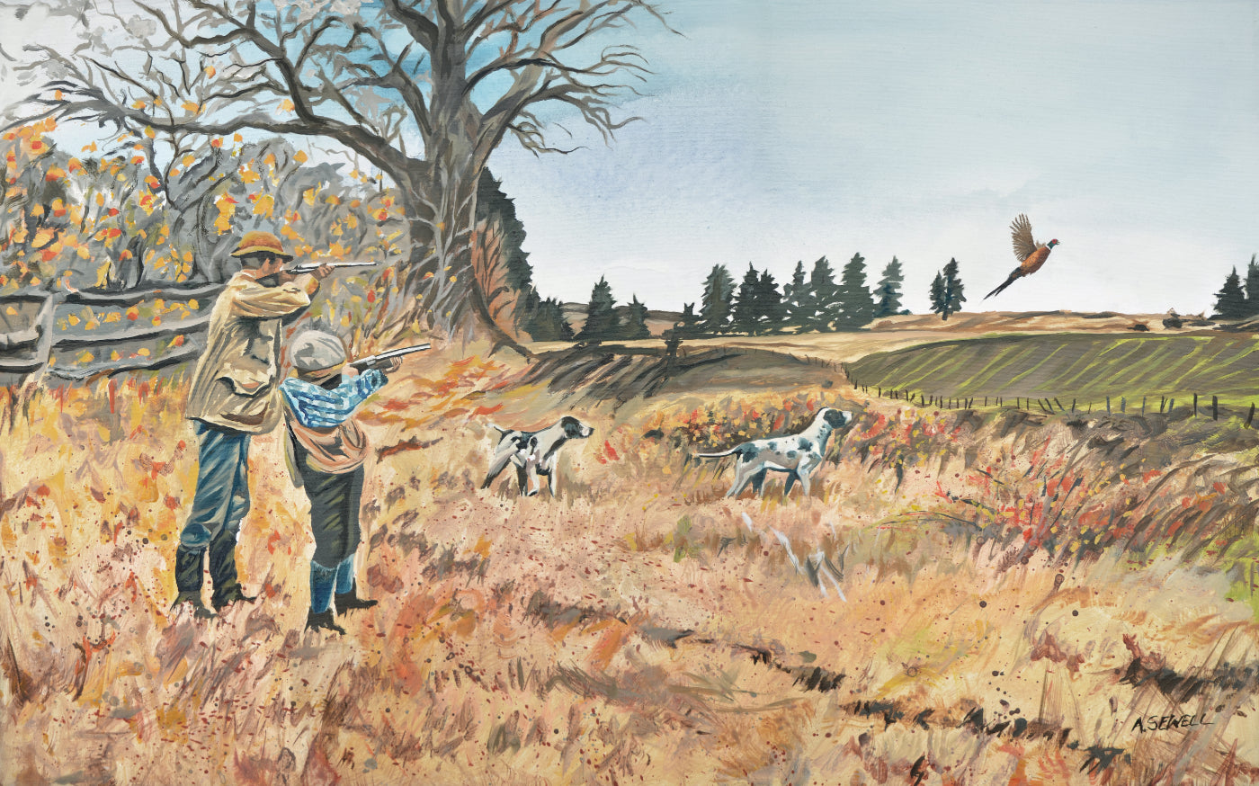 "I'll Cover Ya" 34x21.5 Original oil painting of the young man being taught to shoot by Mentor