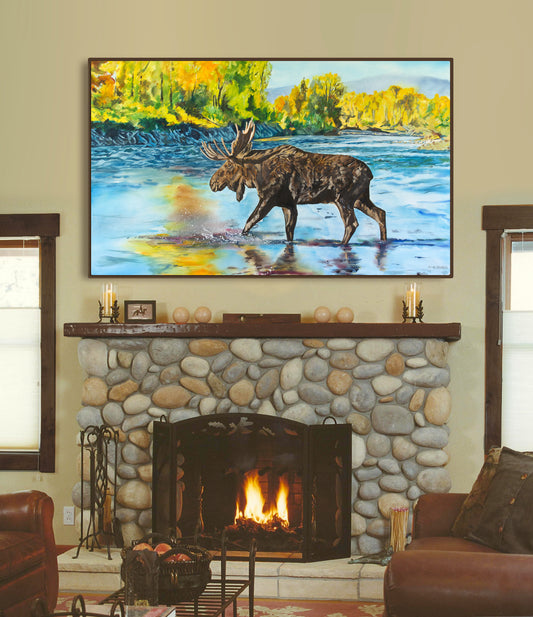 "Moose Crossing" - 58"x34" Giclee print on Canvas, or Fine art Paper Giclée reprod.