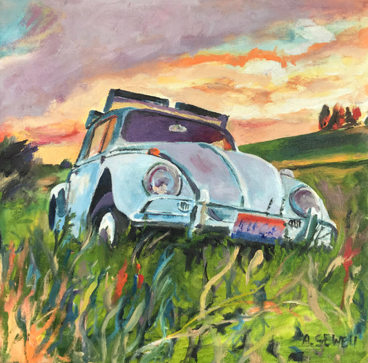 “Pasture Bug" - Original Oil on Canvas or Reprod. of old "66 bug in the pasture.