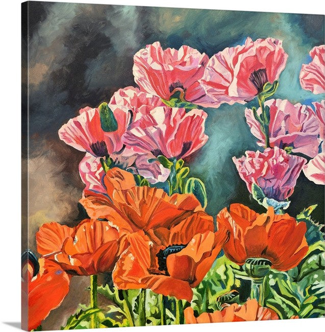 "Poppy Garden" - 24x36" Original oil painting or open edition, Giclée of salmon & orange poppies