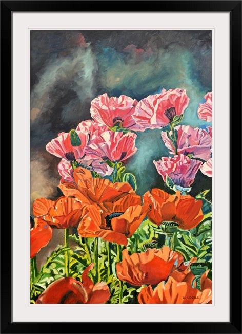 "Poppy Garden" - 24x36" Original oil painting or open edition, Giclée of salmon & orange poppies