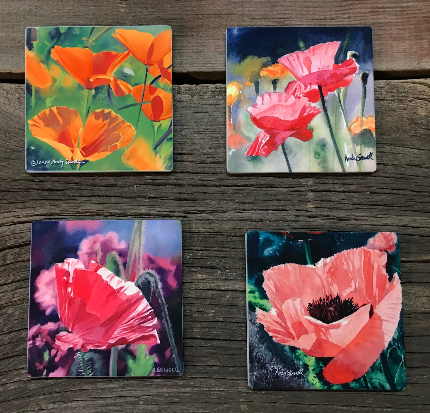 "Garden Poppies" themed coaster sets: 2 options, see below.