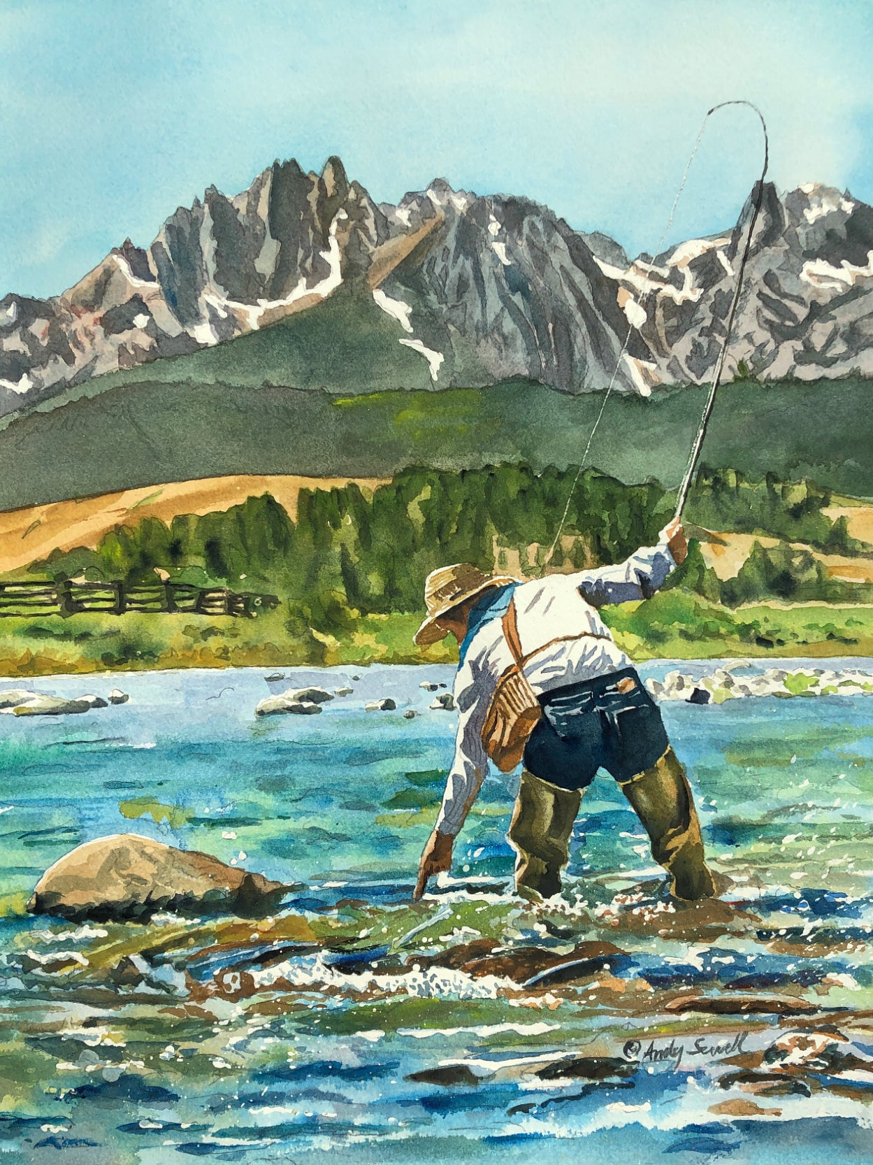 Fly fishing pinup - Vintage fly fishing art print from watercolor, fishing  pinup wall art by Andy Sewell