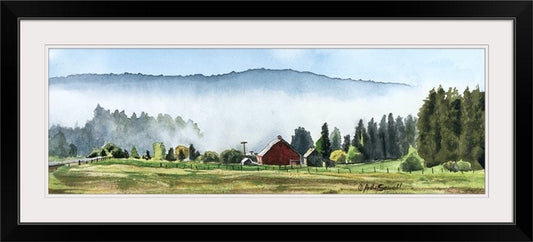 "Red barn Misty Morn" - a 5"x14" signed giclee print from an original watercolor (video course too)