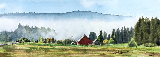 "Red barn Misty Morn" - a 5"x14" signed giclee print from an original watercolor (video course too)
