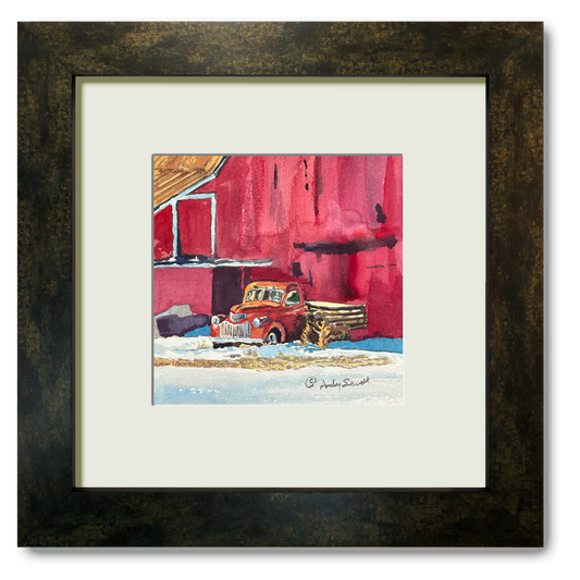 "Red Truck Red Barn" - 6"x6" Original watercolor or signed edition giclee art print from an original watercolor