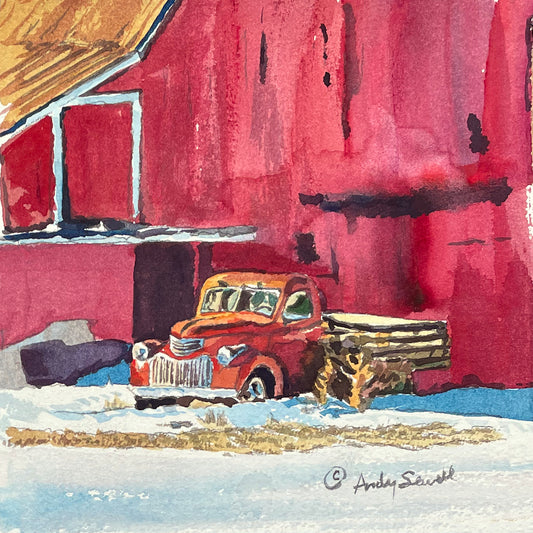 "Red Truck Red Barn" - 6"x6" Original watercolor or signed edition giclee art print from an original watercolor