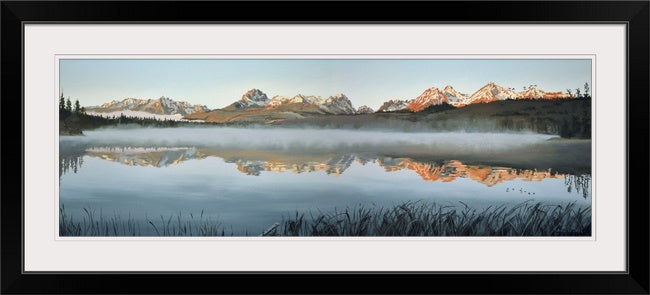 "Sawtooth Morning Mist" - Canvas or Paper Giclée art print from oil painting of Idaho's Sawtooth Mountains over Little Redfish lake.