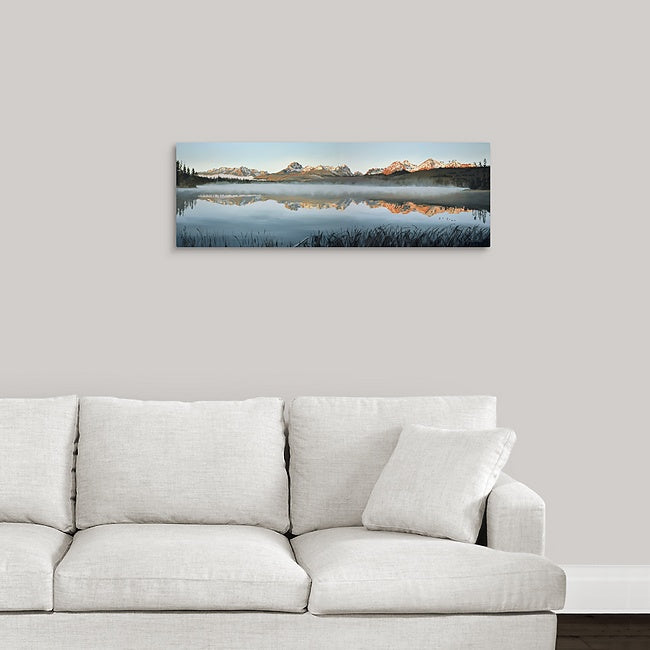 "Sawtooth Morning Mist" - Canvas or Paper Giclée art print from oil painting of Idaho's Sawtooth Mountains over Little Redfish lake.