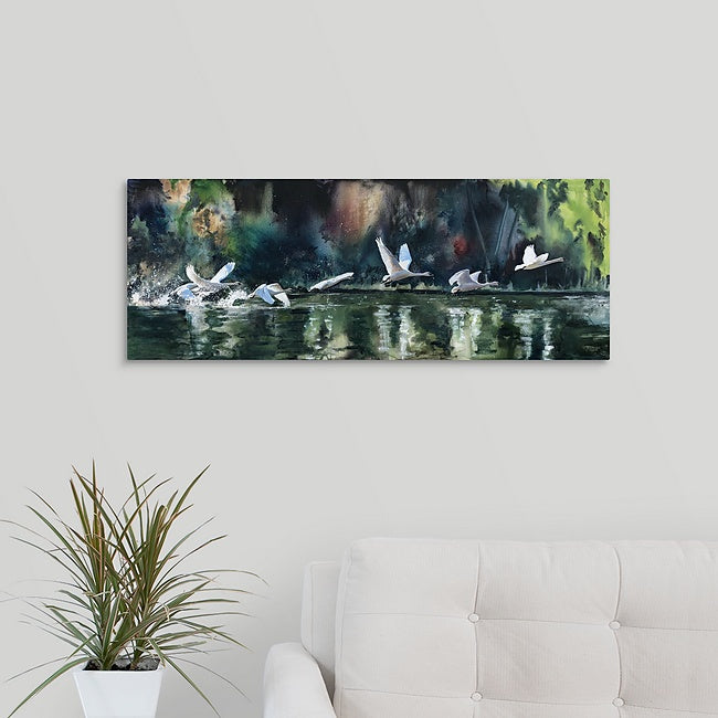 "Seven Swans" - 70x26 Canvas or Paper Giclée art print of Sevens Swans in flight.
