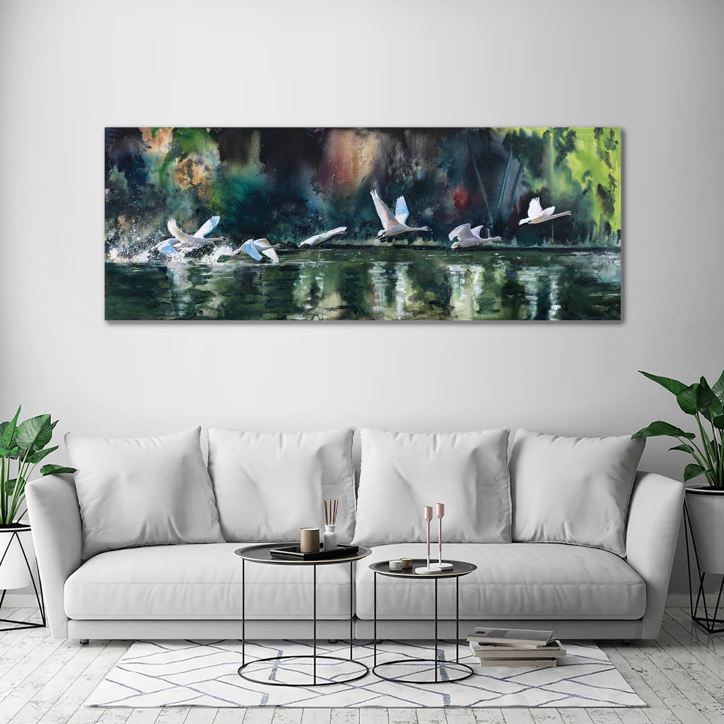 "Seven Swans" - 70x26 Canvas or Paper Giclée art print of Sevens Swans in flight.
