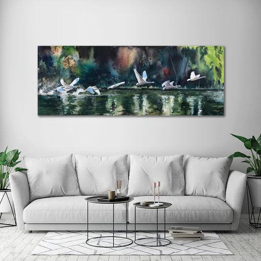 "Seven Swans" - 70x26 Canvas or Paper Giclée art print of Sevens Swans in flight.