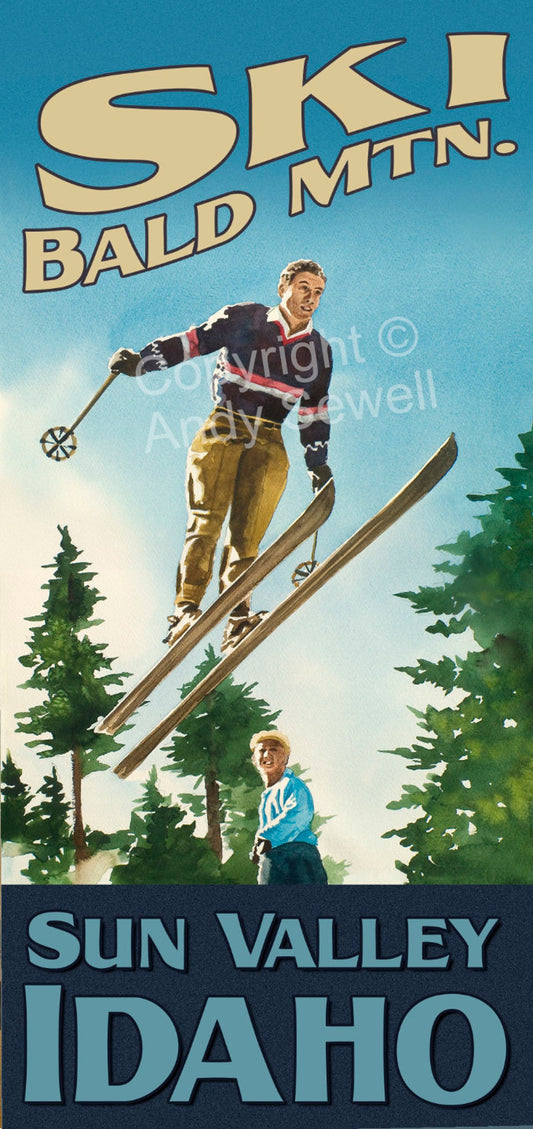 Vintage Look Ski Poster/Print "Ski Baldy" from Original watercolor